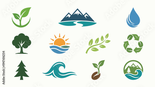 Collection of nature-themed icons representing environmental elements like plants, water, mountains, and sun.