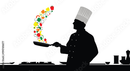 Silhouette graphic design illustrating a professional chef tossing colorful vegetables high from a frying pan