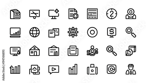A collection of various business and technology icons on a white background