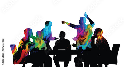 Creative team meeting illustration featuring diverse colorful silhouettes around a central table discussing ideas