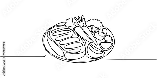 Meat with vegetables dish. meat veal, pork, beef, veal steak grill bbq and vegetable salad. One continuous line drawing. Food in a restaurant. One Line Art isolated white background. Editable stroke