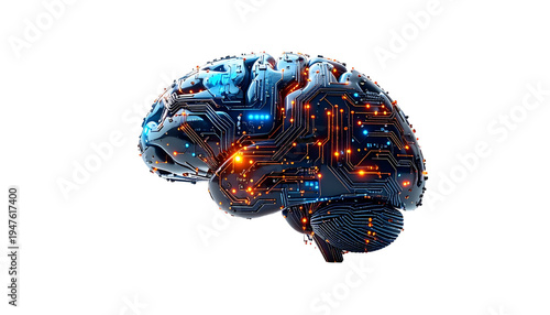3D icon of artificial intelligence brain made of circuits, modern tech symbol, isolated on transparent background.