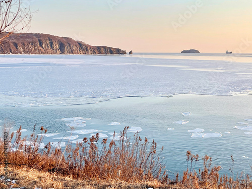 Vladivostok, Patroclus (Patrokl) Bay in the Ussuriysky Bay of the Sea of Japan on a winter evening