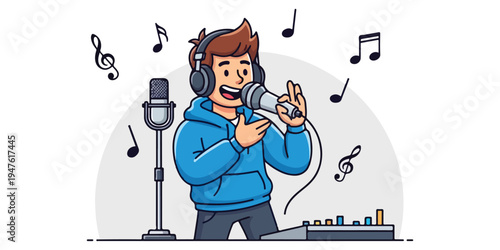 Young person singing into microphone with musical notes floating around them