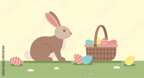 A charming illustration of a brown Easter bunny sitting beside a wicker basket filled with colorful decorated eggs on a green field.