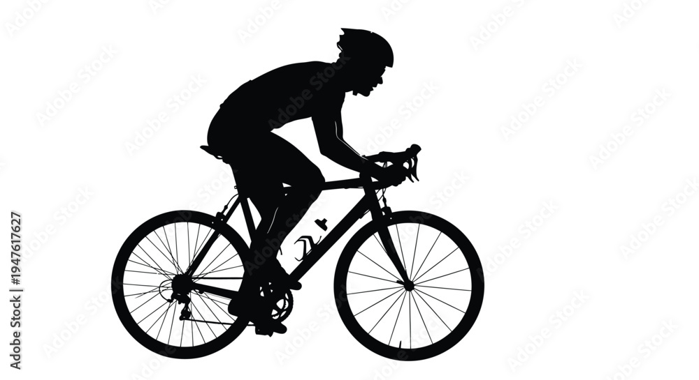 Fototapeta premium Black silhouette vector illustration of a dedicated cyclist riding a racing bicycle with intense focus