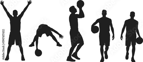 Basketball player silhouette action set, athletes dribbling shooting and holding ball poses, sport activity collection isolated on white background