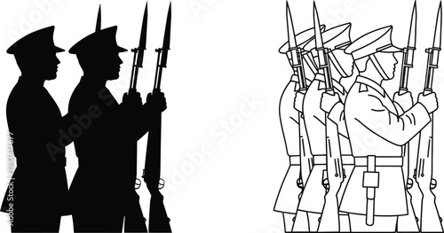 Soldiers standing guard in silhouette and illustration Vector