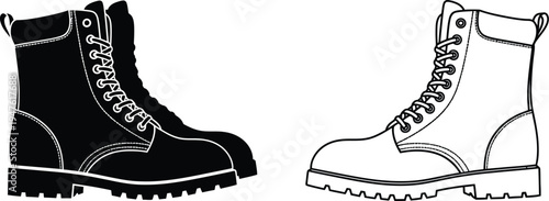 Black and white illustration of combat boots side by side Vector