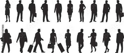 Business people silhouette collection, men and women standing walking with briefcase luggage, corporate professionals isolated vector illustration set
