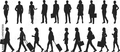 Business people silhouettes collection, corporate men and women standing walking with briefcase luggage, professional office worker vector illustration set