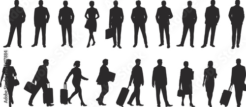 Collection of business people silhouettes, men and women walking standing with luggage briefcase, professional corporate worker isolated vector set illustration