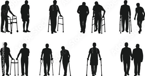 Elderly people and patients with walkers and crutches silhouettes, rehabilitation healthcare support, senior mobility assistance isolated on white background