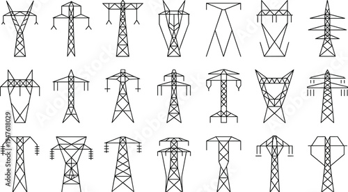 Electric power transmission tower collection, high voltage electricity pylons line icon set, engineering energy infrastructure vector illustration isolated