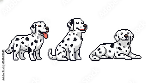 Dalmatian Dog Pixel Art Set - Spotted Puppy Standing Sitting and Lying Down Poses