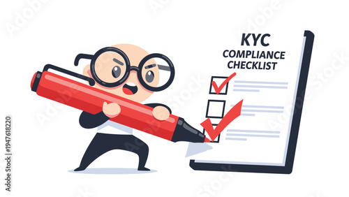 Cartoon character checking KYC Compliance Checklist. Concept of Know Your Customer verification, regulatory audit, and business process completion.