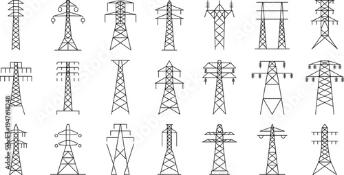 High voltage electricity transmission towers collection, power line pylons engineering line icons set, electric grid infrastructure vector illustration