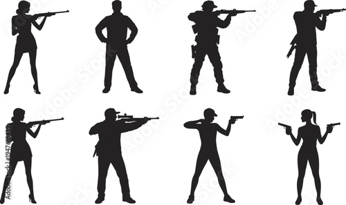 Silhouettes of armed soldiers and security agents with rifles and pistols combat poses isolated black vector set on white background