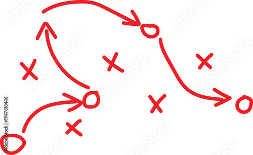 Red hand-drawn arrows and Xs illustrate a strategic path or complex flow chart concept on a plain white background.