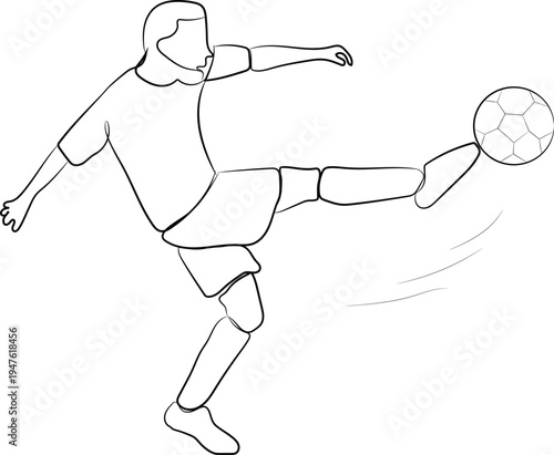 Simple black and white outline drawing depicts a determined soccer player executing a dynamic bicycle kick maneuver during a game.