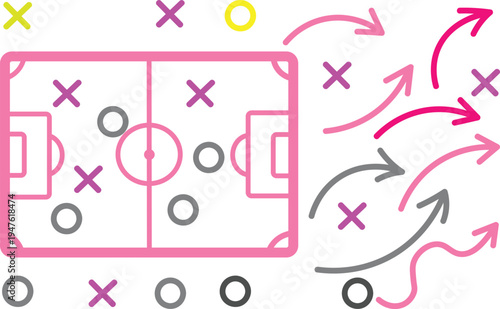 Illustrated diagram showing soccer game strategy and tactics with player positions, movements, and offensive or defensive planning.