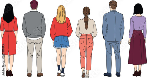 people standing back view set, diverse men and women rear perspective, casual clothing characters, human crowd illustration, lifestyle