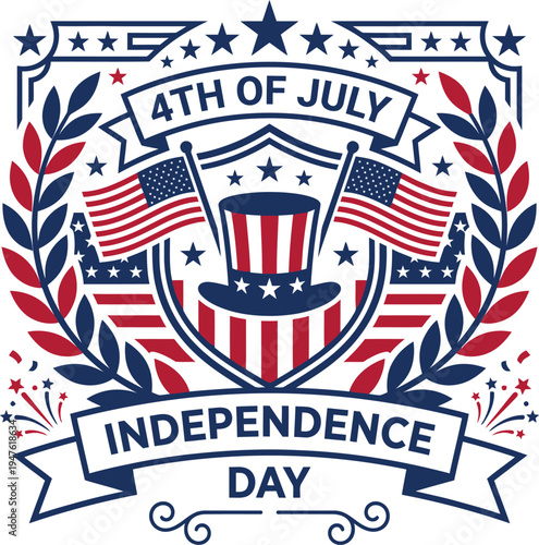Patriotic 4th of july independence day emblem with american flags and hat