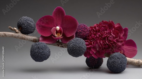 Deep magenta floral arrangement balances on a slender wooden branch with textured dark spheres