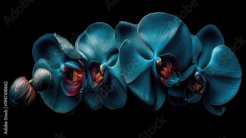 Deep teal orchid blossoms emerge against a solid black background