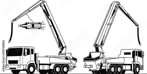 Concrete pump truck outline illustration with hydraulic boom system, construction vehicle vector line art for cement pumping machine equipment in building and industrial projects