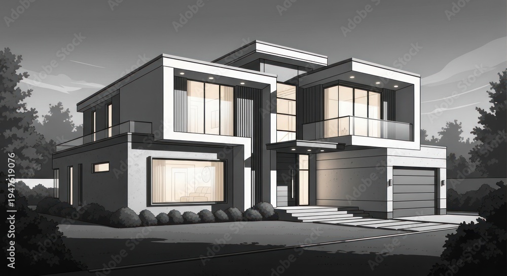Fototapeta premium Modern monochrome home features geometric forms, large windows, and manicured landscaping