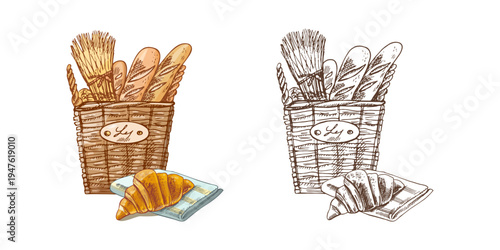 Hand drawn vintage bakery set with bread basket baguette wheat and croissant on napkin illustration