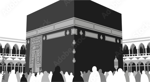 A monochromatic illustration of the Kaaba in Mecca, Saudi Arabia, surrounded by pilgrims during the Hajj pilgrimage, symbolizing Islamic faith and worship.