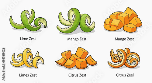 Vibrant citrus fruits and zests arranged on a table indoors with food.