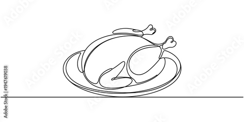 Roasted chicken or turkey in one continuous line drawing. Thanksgiving greeting card in simple linear style. Fall harvest in editable stroke. Doodle vector illustration