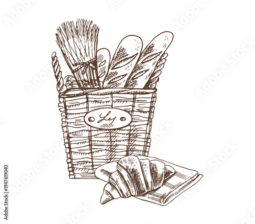 Hand drawn vintage bakery basket with baguette wheat bread and croissant on napkin illustration