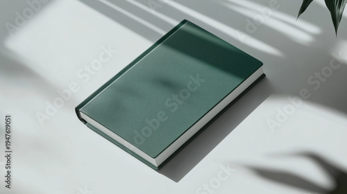 Green hardbound book on white surface with leaf shadows