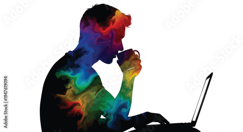 Rainbow-colored vector graphic illustrating a person's creative work session with a laptop and a mug.