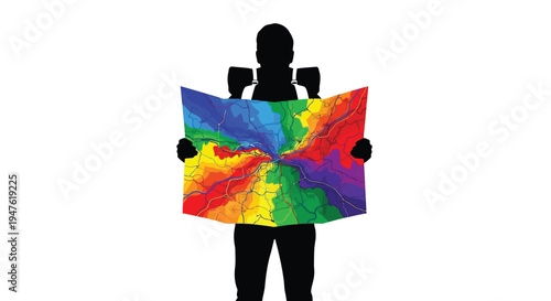 Vector graphic design featuring a backpacker silhouette holding an open, vibrant, rainbow-colored map for adventure.