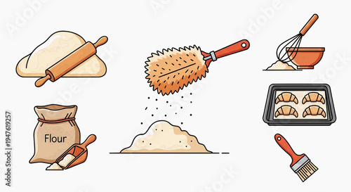 Baking scene with rolling pin, brush, whisk, flour bag, and baking tray
