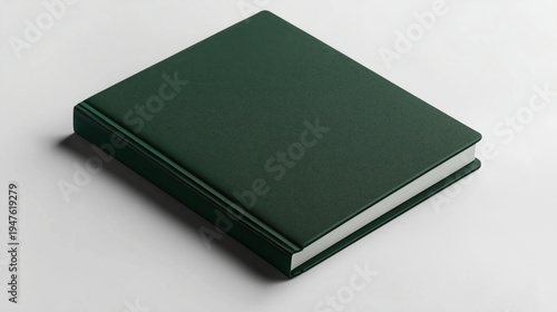 Closed green book on white table surface in minimalist setting