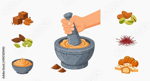 A hand prepares spice blend in mortar with various ingredients around