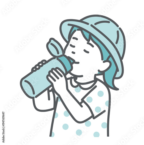 水筒で水分補給をしている女の子（子供）のイラスト