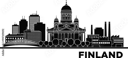 Helsinki Finland Skyline Silhouette with Famous Landmarks and Text cityscape
