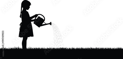 Black silhouette of a little girl watering grass with a watering can child