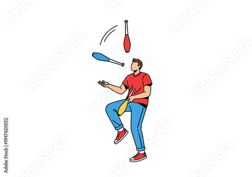 Man Juggling Multiple Colorful Pins in Mid-Air.