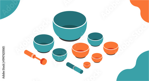 A vibrant isometric illustration showcasing a collection of teal and orange Tibetan singing bowls with mallets, perfect for meditation and sound therapy concepts.
