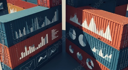 Stacks of colorful shipping containers display data visualizations, representing global trade
