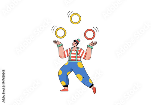A cheerful clown skillfully juggles three colorful rings in the air.