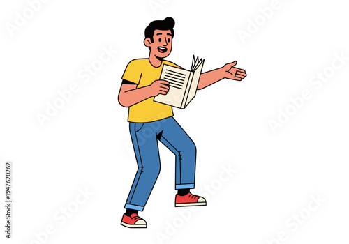 Young Man Reading a Book and Gesturing.